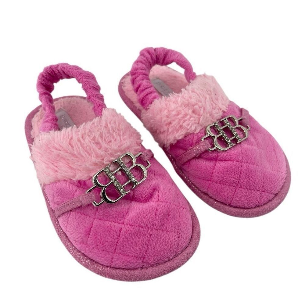 Bebe Girls Pink Plush Faux Fur Slingback Slippers Size 9/10 Cozy Fuzzy Shoes